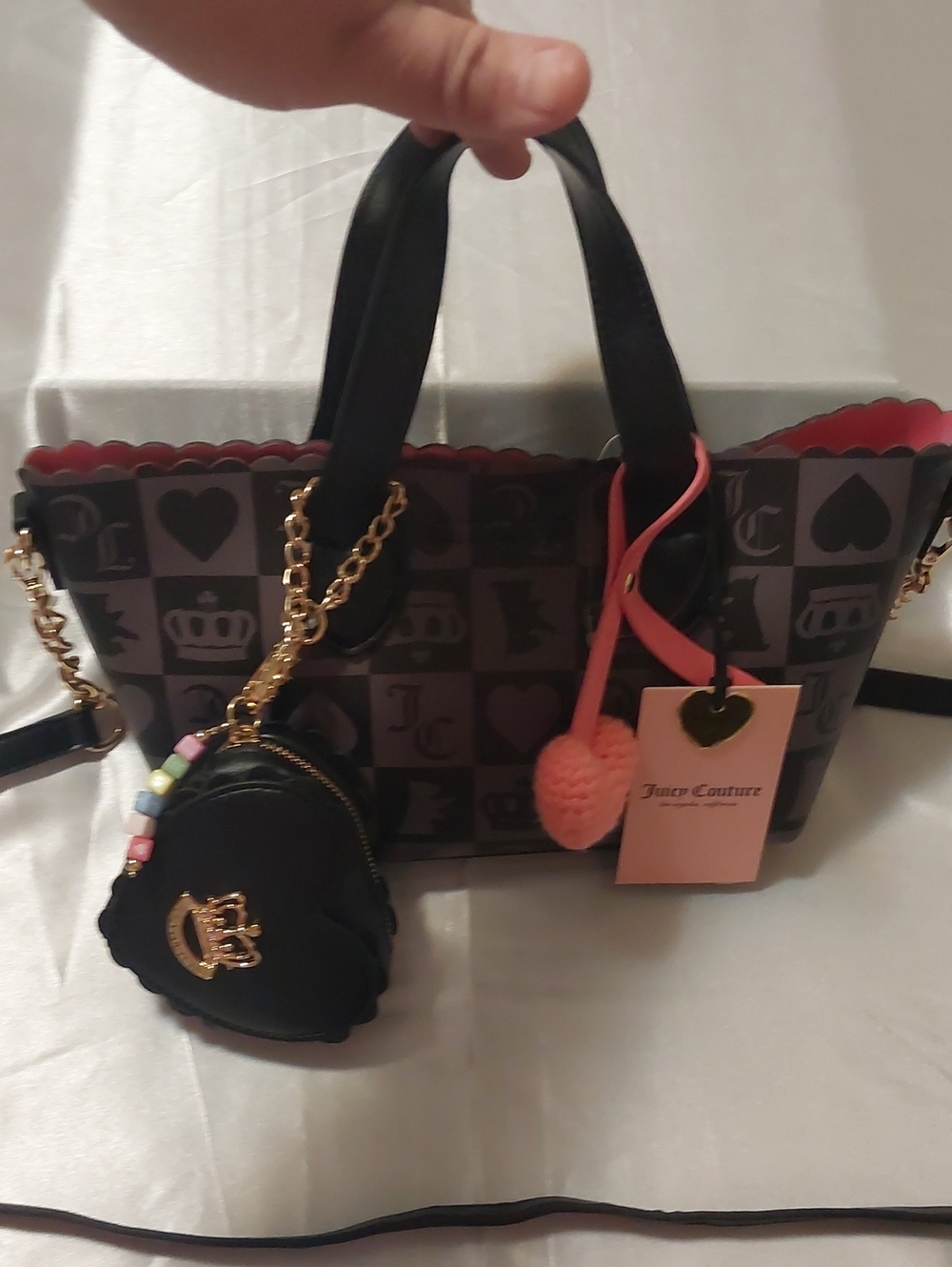 Juicy Couture Black Tote with Pink Heart Charm and Gold Accents